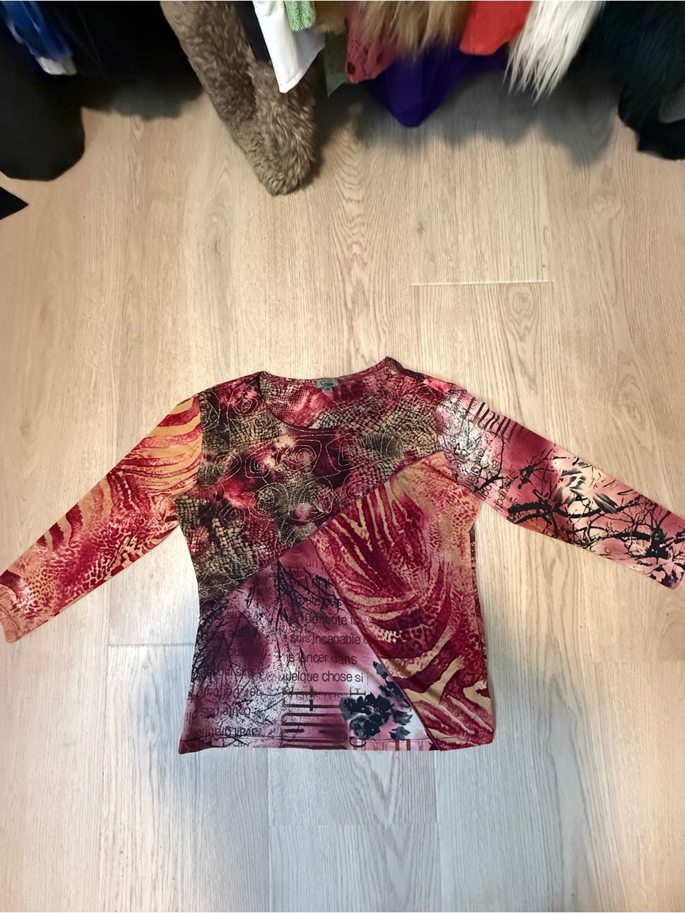 Mixed Red & Pink Abstract Print 3/4 length  Long Sleeve Top